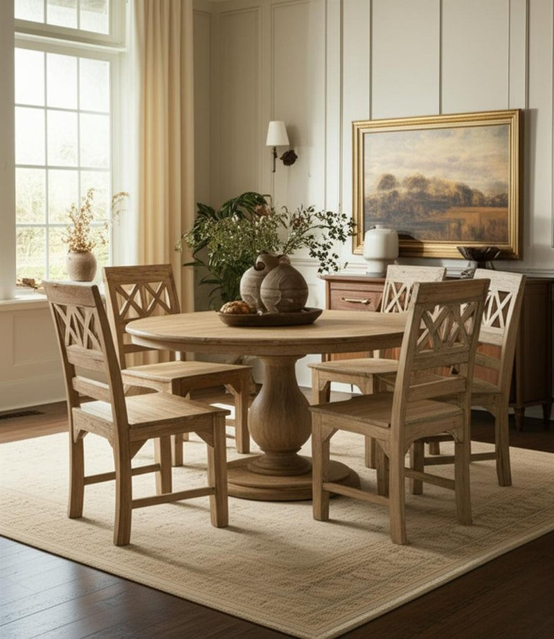 Seven Piece Natural Round Solid Wood Dining Set with Six Chairs