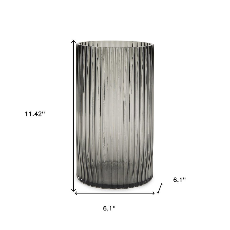 11" Black Cylinder Ribbed Glass Table Vase