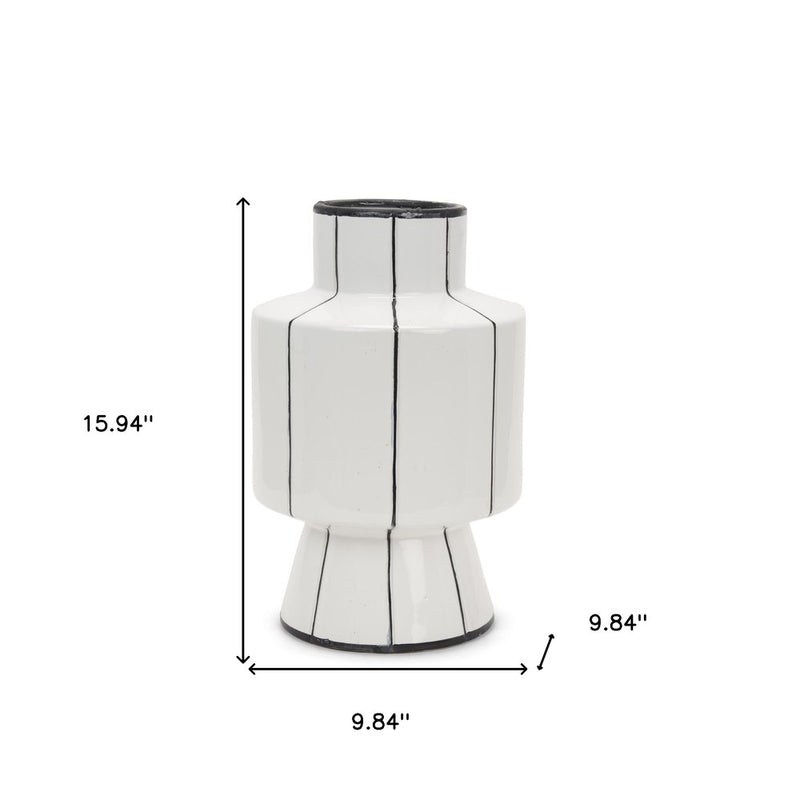 16" White And Black Striped Ceramic Cylinder Table Vase