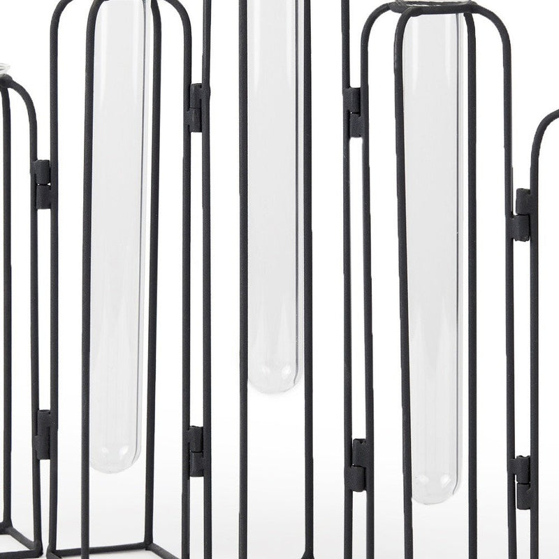 11" Clear And Black Glass And Metal Five Tube Table Vase