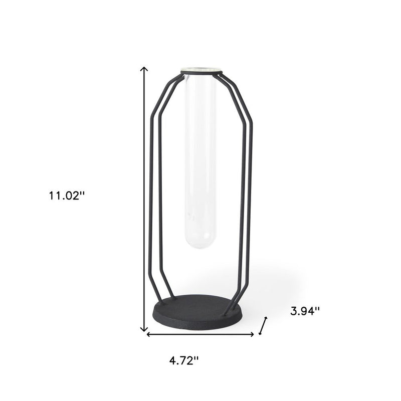 11" Black And Clear Glass And Metal Table Vase