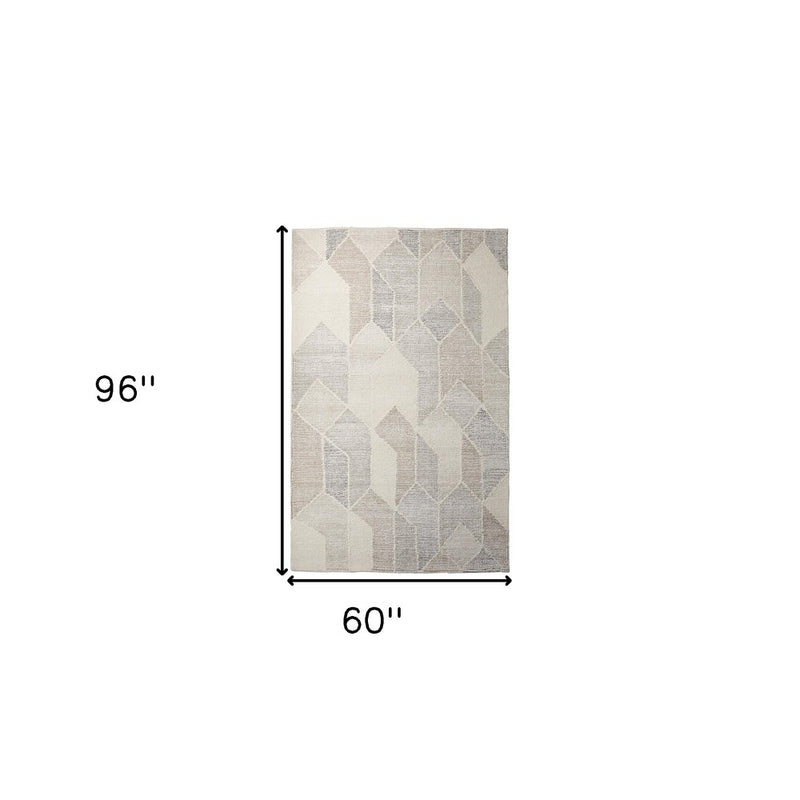 5' X 8' Beige Gray And Ivory Wool Geometric Hand Woven Area Rug