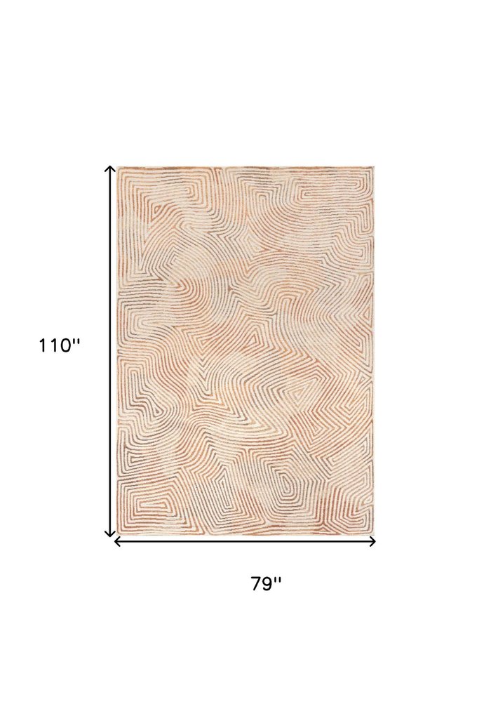 7' X 9' Beige Orange And Brown Geometric Washable Area Rug With UV Protection