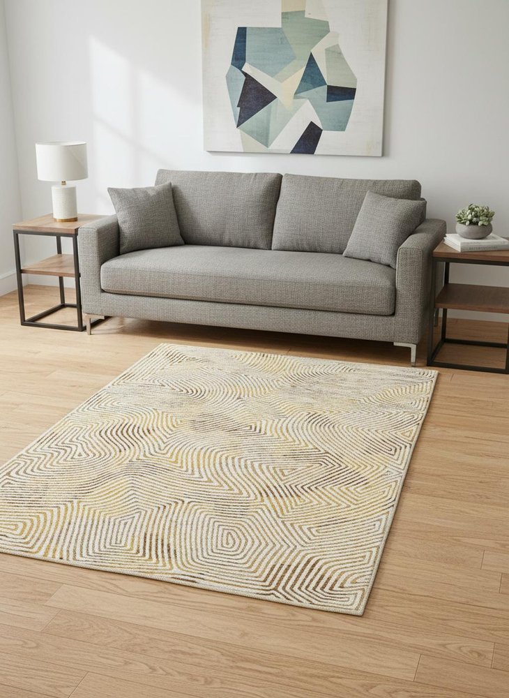 8' Beige Gold And Brown Geometric Washable Round Rug With UV Protection