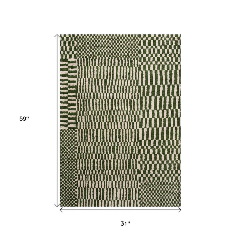 2' X 5' Green And Beige Geometric Berber Washable Area Rug With UV Protection