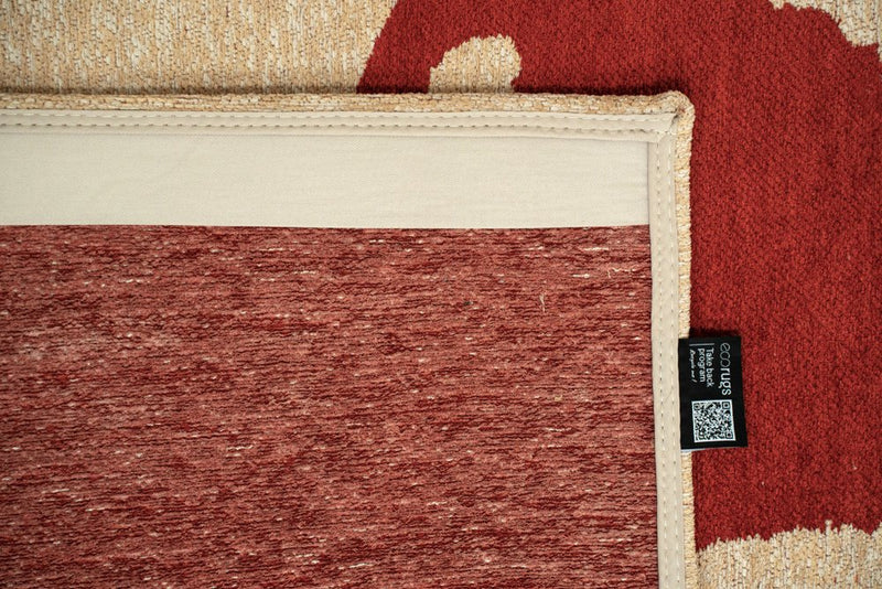 8' Beige And Red Abstract Washable Round Rug With UV Protection