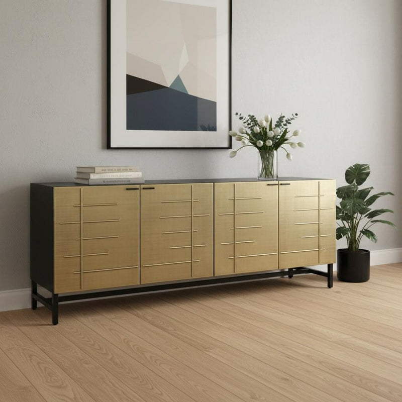 72" Black And Gold Iron Ribbed Texture Sideboard With Four Doors