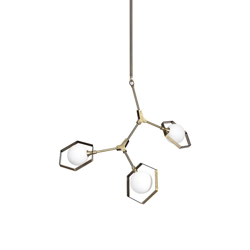 Champagne Unique Statement Three Light Metal and Glass Dimmable Chandelier With White Shades