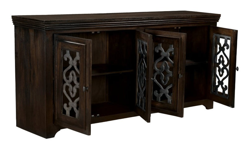 76" Brown Distressed Soldi Wood And Iron Carved Scrollwork Sideboard With Four Glass Doors