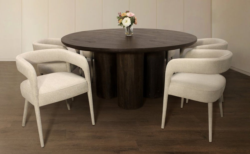 Seven Piece Dark Brown Round Solid Wood Dining Set with Six Chairs