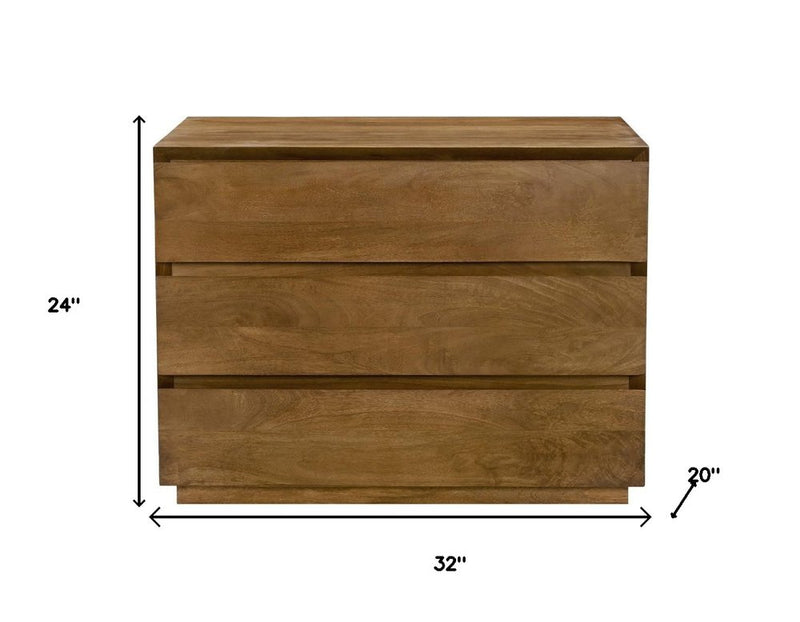 24" Tan Solid Wood Distressed Three Drawer Nightstand