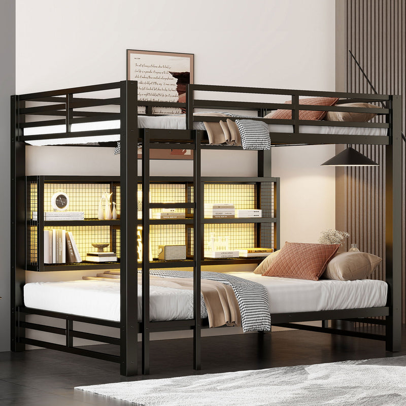 Queen Over Queen Bunk Bed With Storage Cabinets And LED Sturdy Frame, 6 Storage Units, Adjustable LED Lights - Black