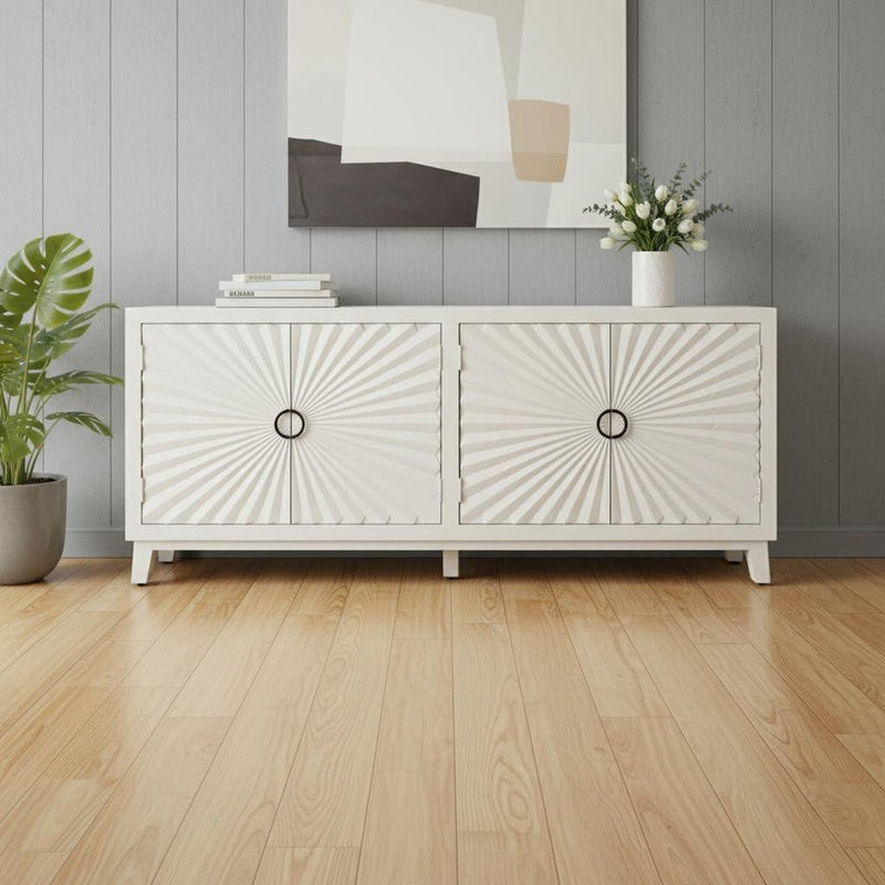 76" Ivory Distressed Solid Wood Carved Geometric Sideboard With Four Doors