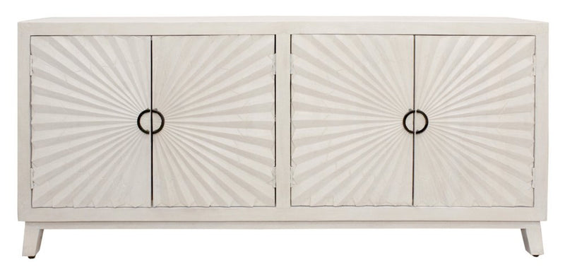 76" Ivory Distressed Solid Wood Carved Geometric Sideboard With Four Doors