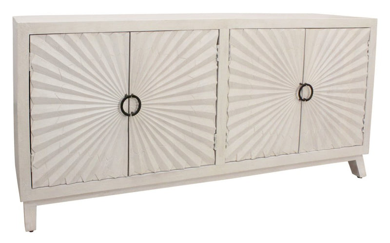 76" Ivory Distressed Solid Wood Carved Geometric Sideboard With Four Doors