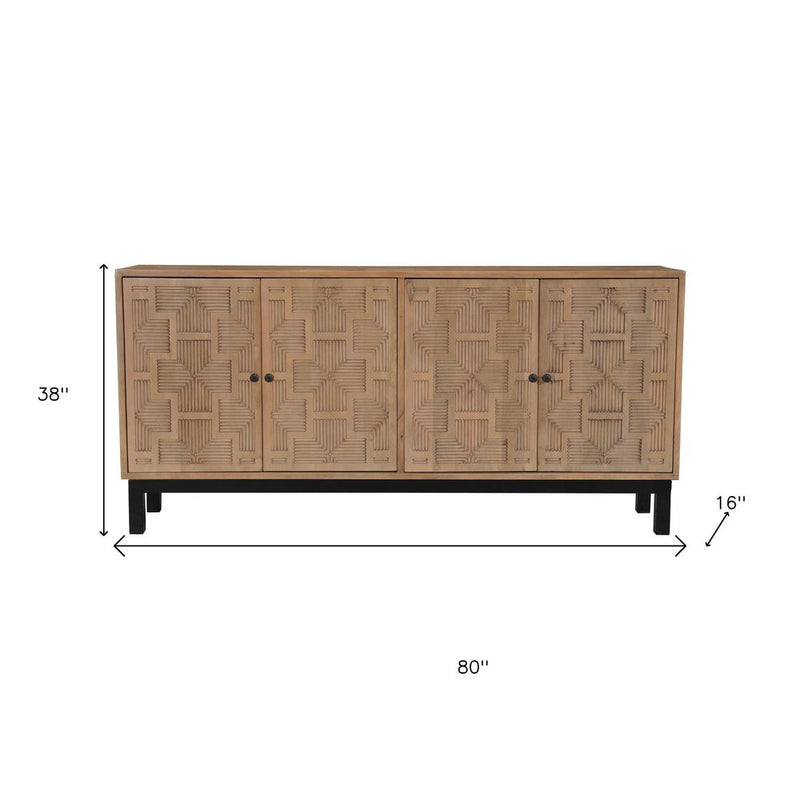 80" Brown Solid Wood Carved Geometric Sideboard with Four Doors