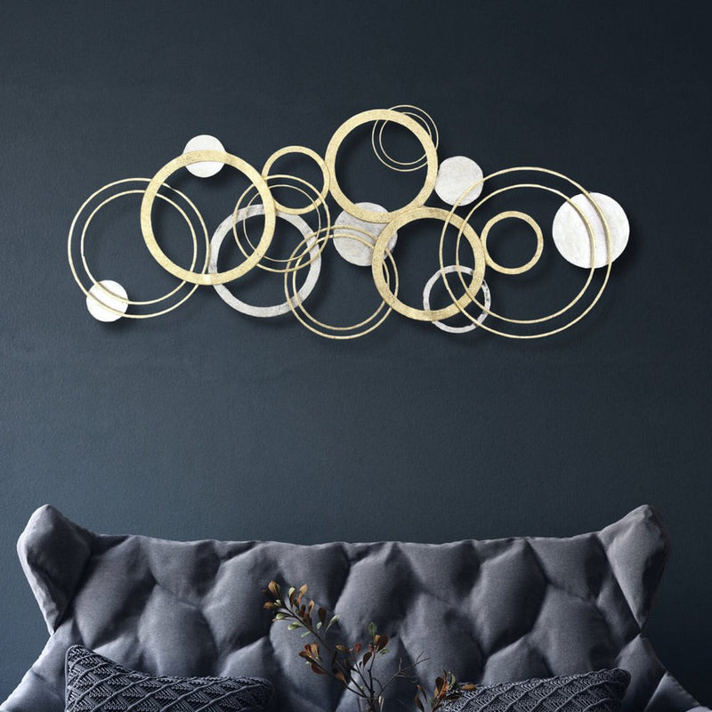 18" X 44" Gold And Silver Geometric Metal Round Discs Hanging Dimensional Sculpture