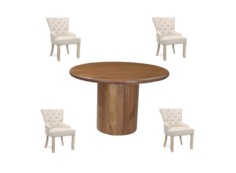 Five Piece Brown Round Solid Wood Dining Set with Four Chairs