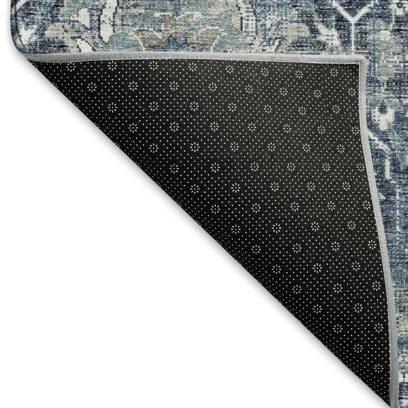 3' X 5' Blue And Ivory Floral Medallion Distressed Washable Area Rug With UV Protection