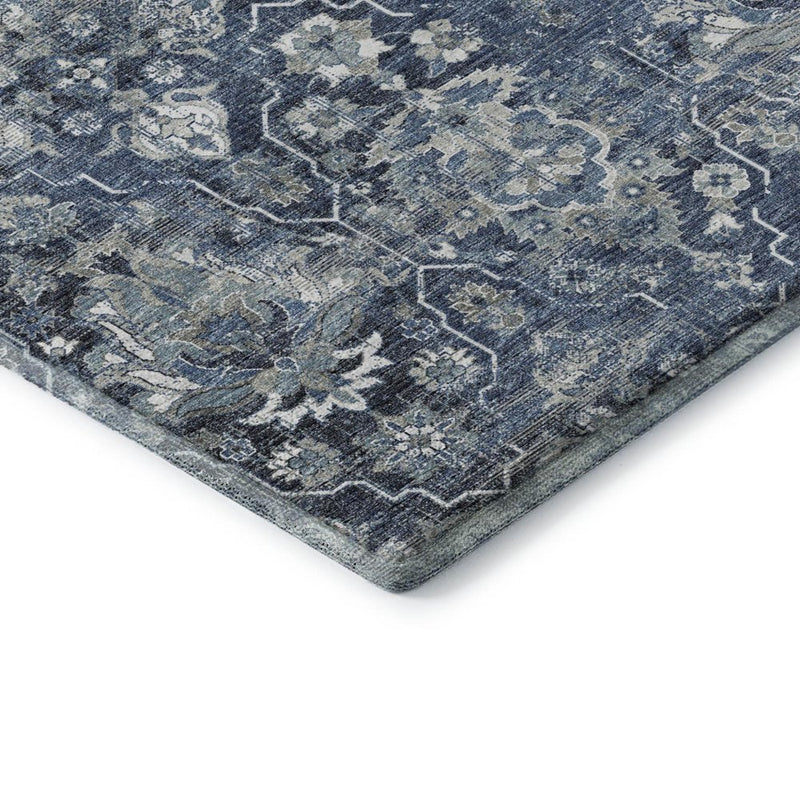 3' X 5' Blue And Ivory Floral Medallion Distressed Washable Area Rug With UV Protection