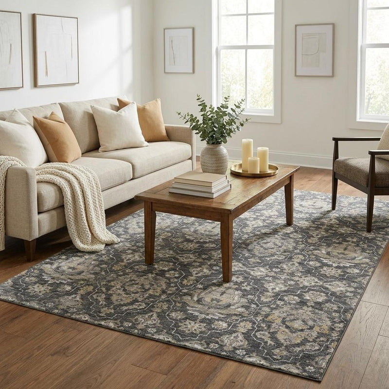 3' X 5' Graphite Ivory And Gold Floral Medallion Distressed Washable Area Rug With UV Protection