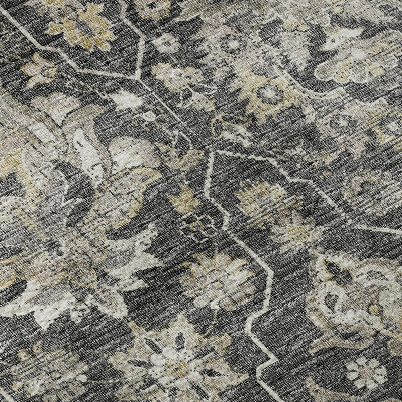3' X 5' Graphite Ivory And Gold Floral Medallion Distressed Washable Area Rug With UV Protection