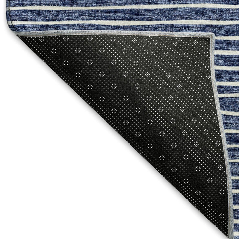 9' X 12' Navy Blue And Ivory Striped Washable Area Rug With UV Protection