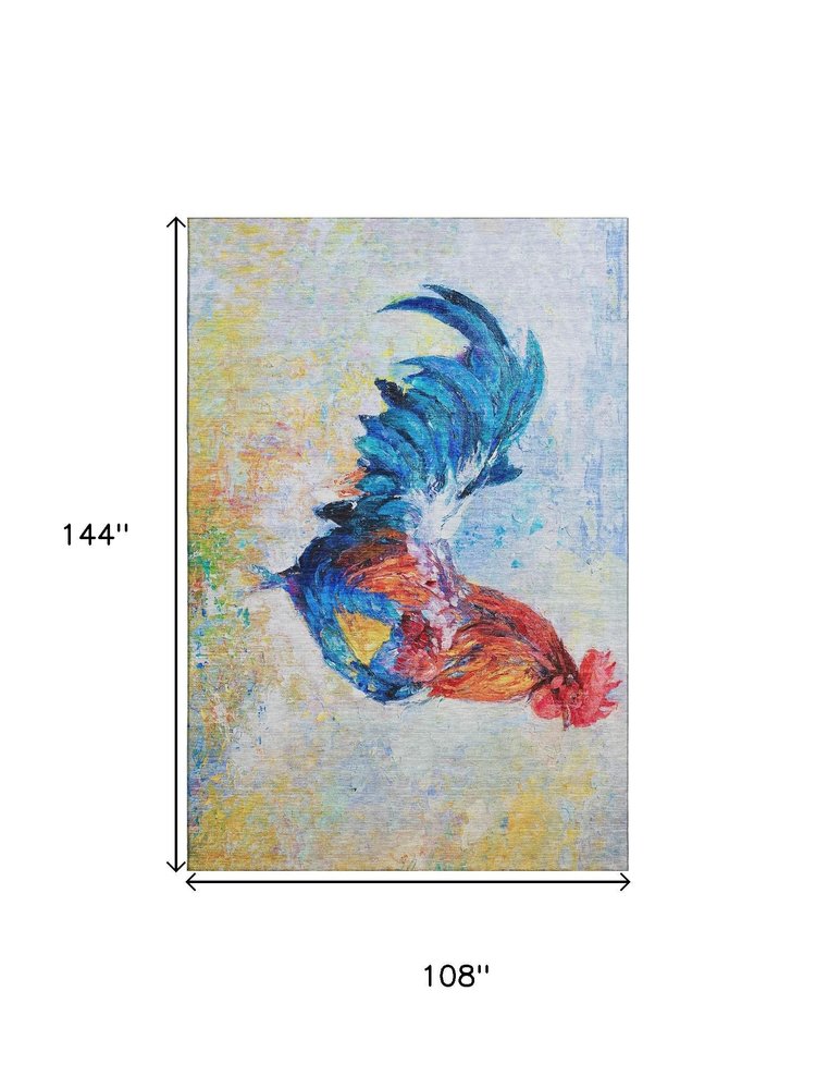 9' X 12' Blue Gold Red And Ivory Animal Print Washable Area Rug With UV Protection
