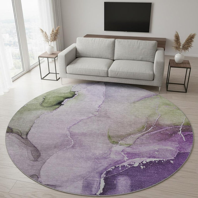 8' Purple Ivory And Green Abstract Washable Round Rug With UV Protection