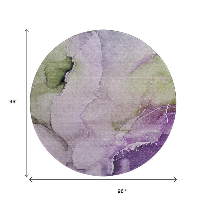 8' Purple Ivory And Green Abstract Washable Round Rug With UV Protection