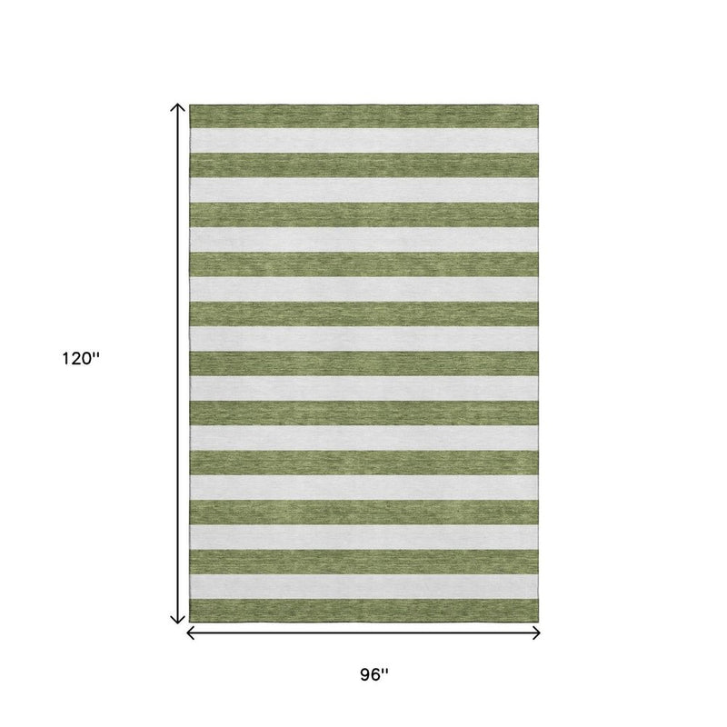 8' X 10' Olive Green And Ivory Striped Washable Area Rug With UV Protection