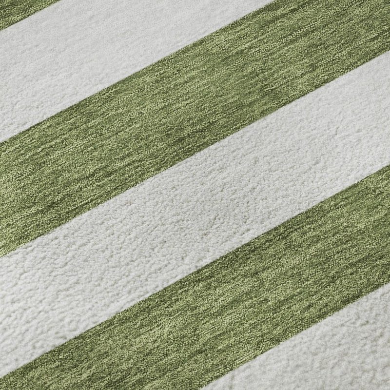 8' X 10' Olive Green And Ivory Striped Washable Area Rug With UV Protection
