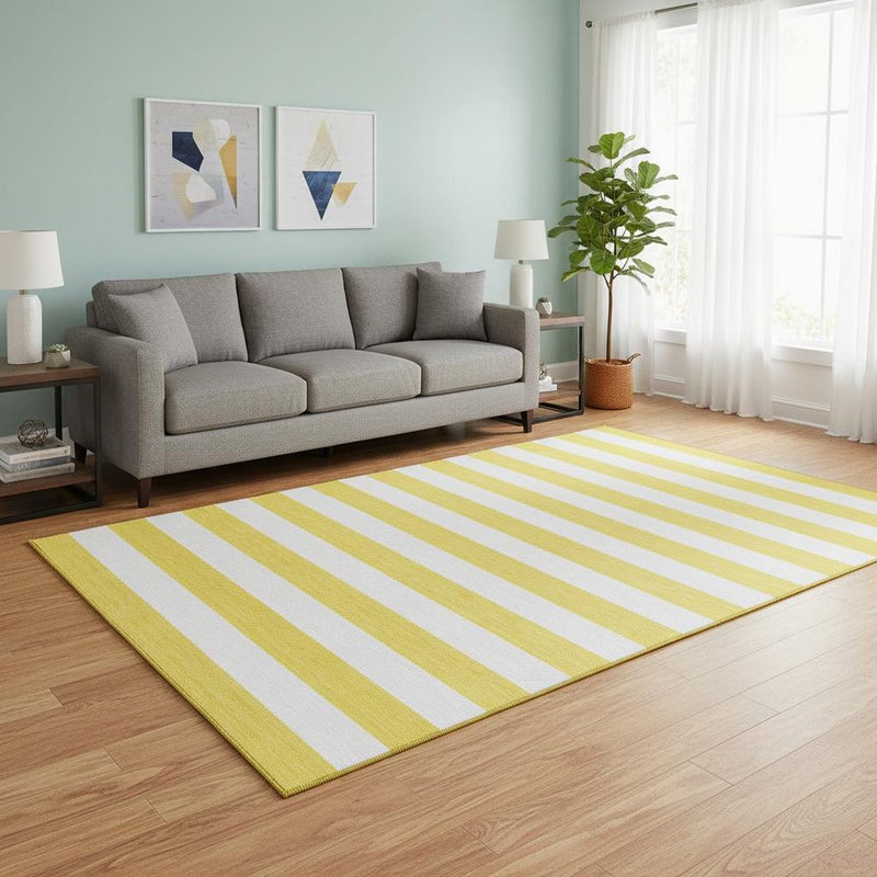 5' X 8' Yellow And Ivory Striped Washable Area Rug With UV Protection