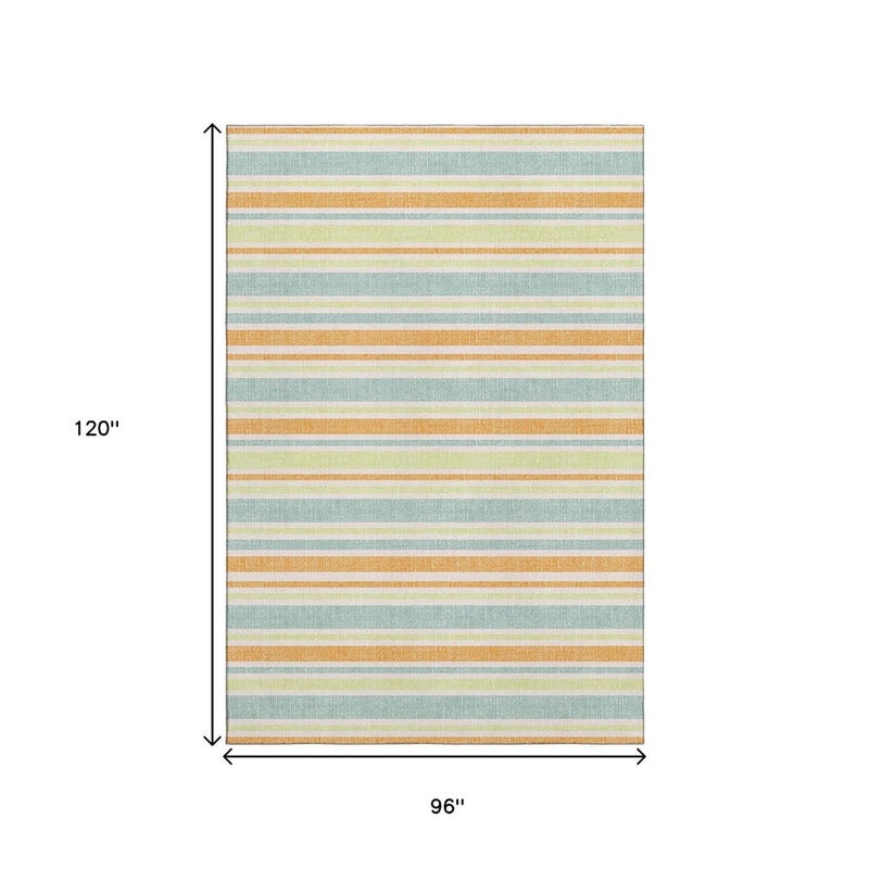 8' X 10' Orange Green And Blue Striped Washable Area Rug With UV Protection