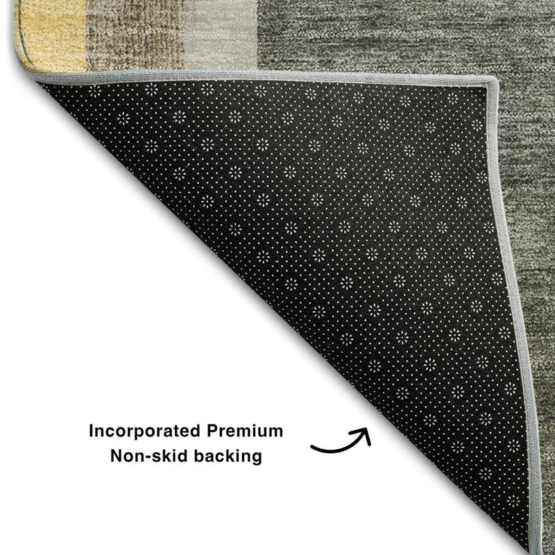 8' Taupe And Gold Geometric Washable Round Rug With UV Protection