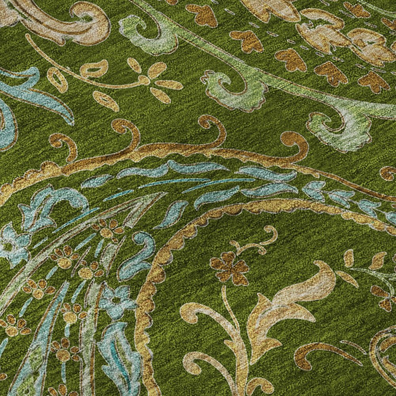 3' X 5' Green And Blue Paisley Washable Area Rug With UV Protection