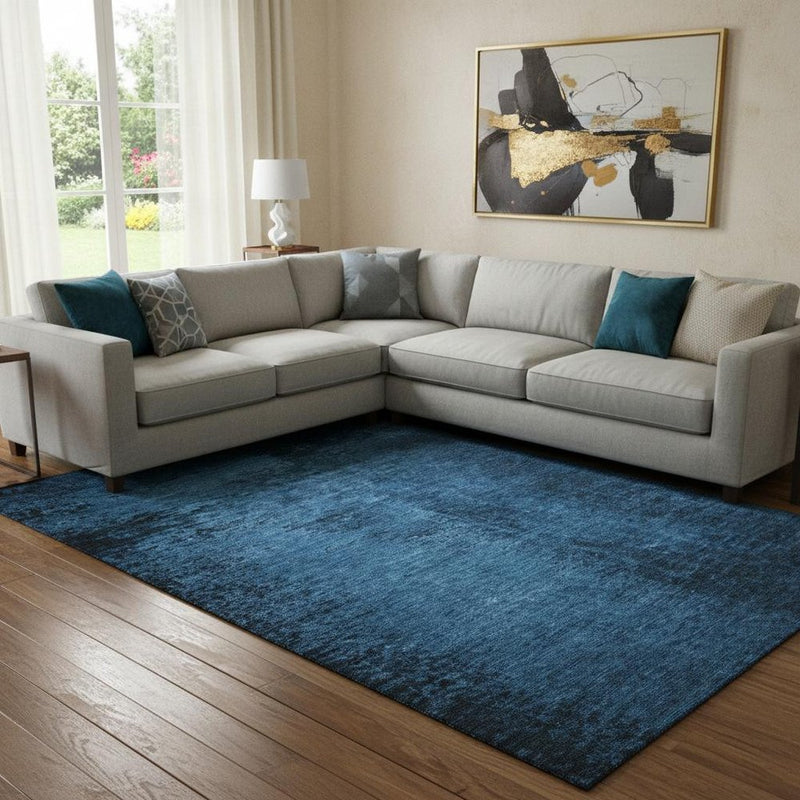 9' X 12' Navy Blue And Gray Abstract Washable Area Rug With UV Protection