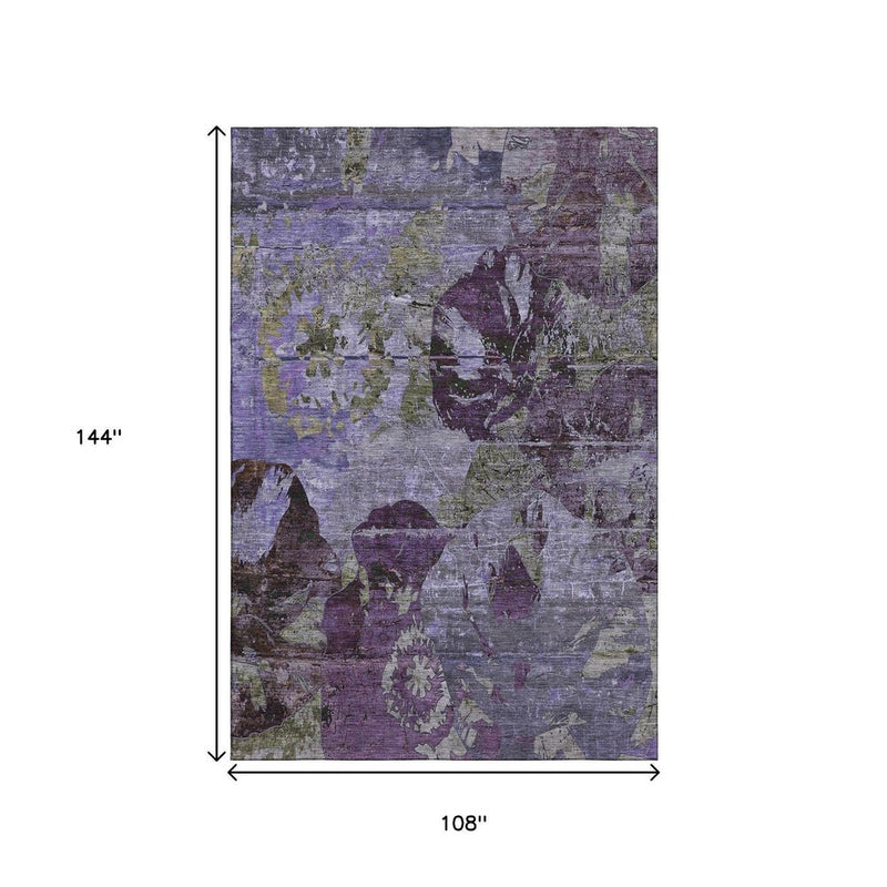 9' X 12' Purple And Gray Abstract Washable Area Rug With UV Protection