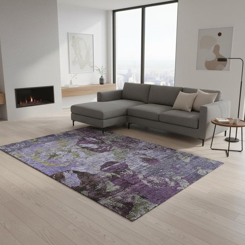 9' X 12' Purple And Gray Abstract Washable Area Rug With UV Protection