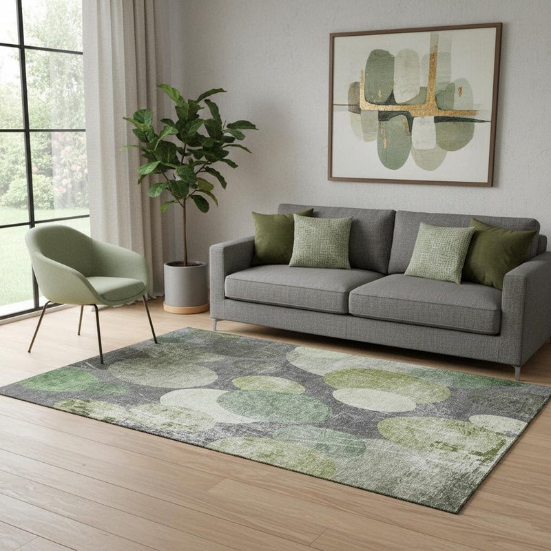 5' X 8' Green Ivory And Gray Abstract Washable Area Rug With UV Protection