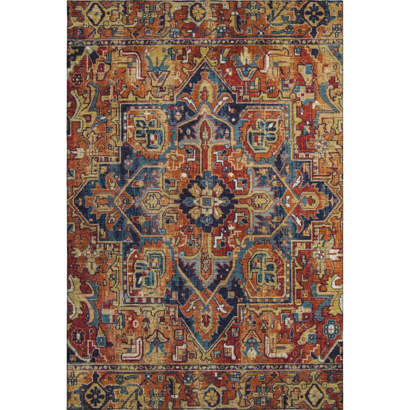 9' X 12' Rust Blue And Gold Oriental Washable Area Rug With UV Protection