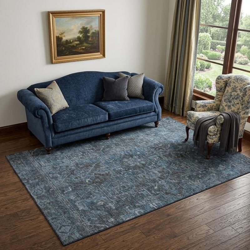 3' X 5' Navy Blue And Gray Medallion Distressed Washable Area Rug With UV Protection
