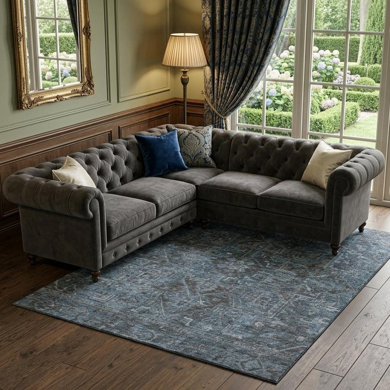 3' X 5' Navy Blue And Gray Medallion Distressed Washable Area Rug With UV Protection