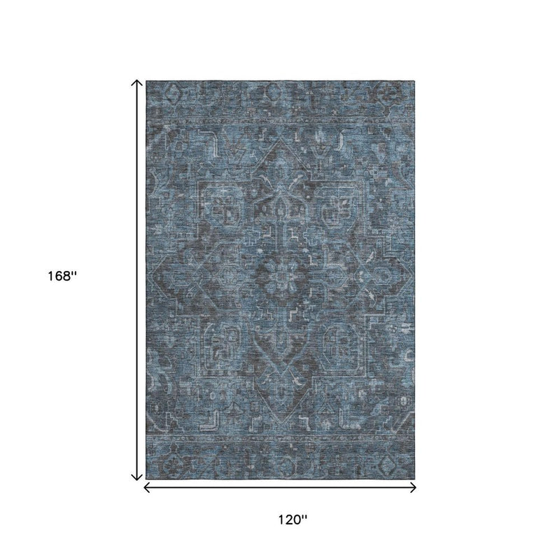 3' X 5' Navy Blue And Gray Medallion Distressed Washable Area Rug With UV Protection