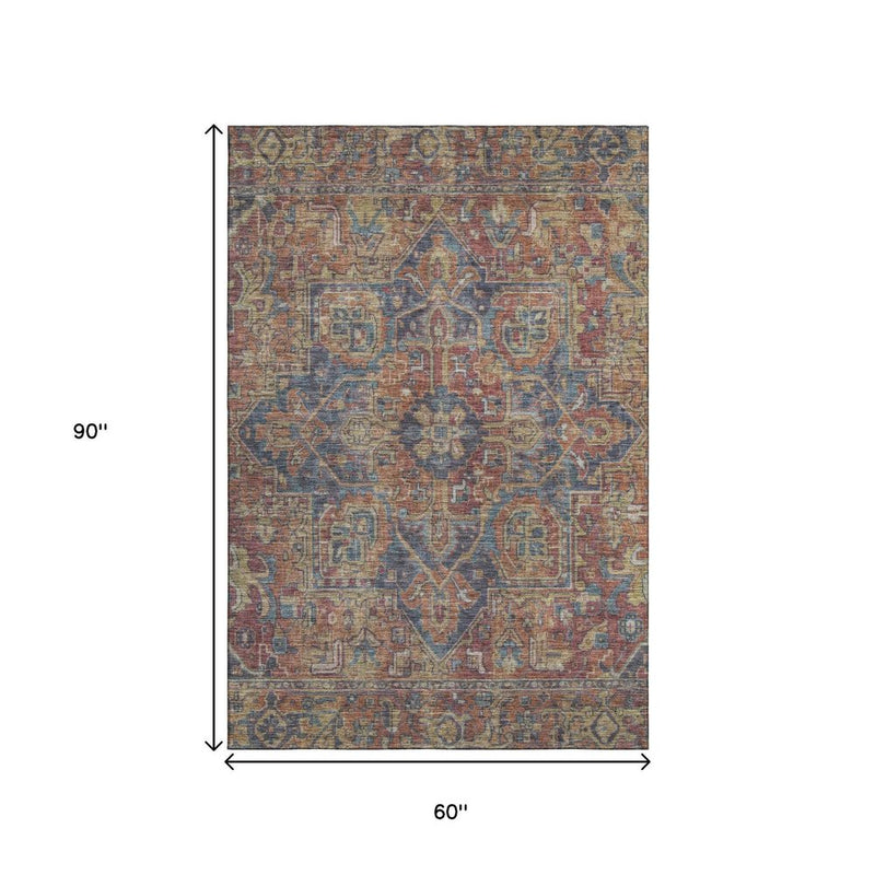 3' X 5' Red And Blue Medallion Distressed Washable Area Rug With UV Protection