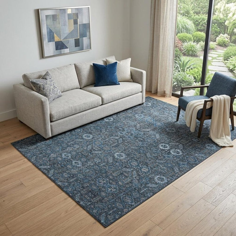 5' X 8' Blue And Ivory Tribal Washable Area Rug With UV Protection