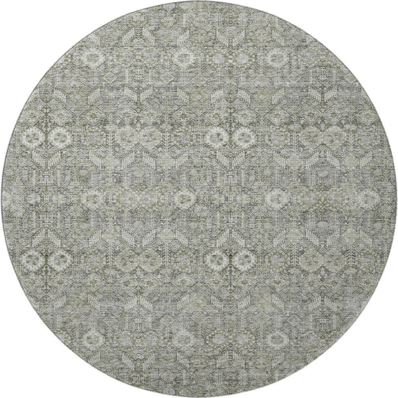 8' Gray And Ivory Tribal Washable Round Rug With UV Protection