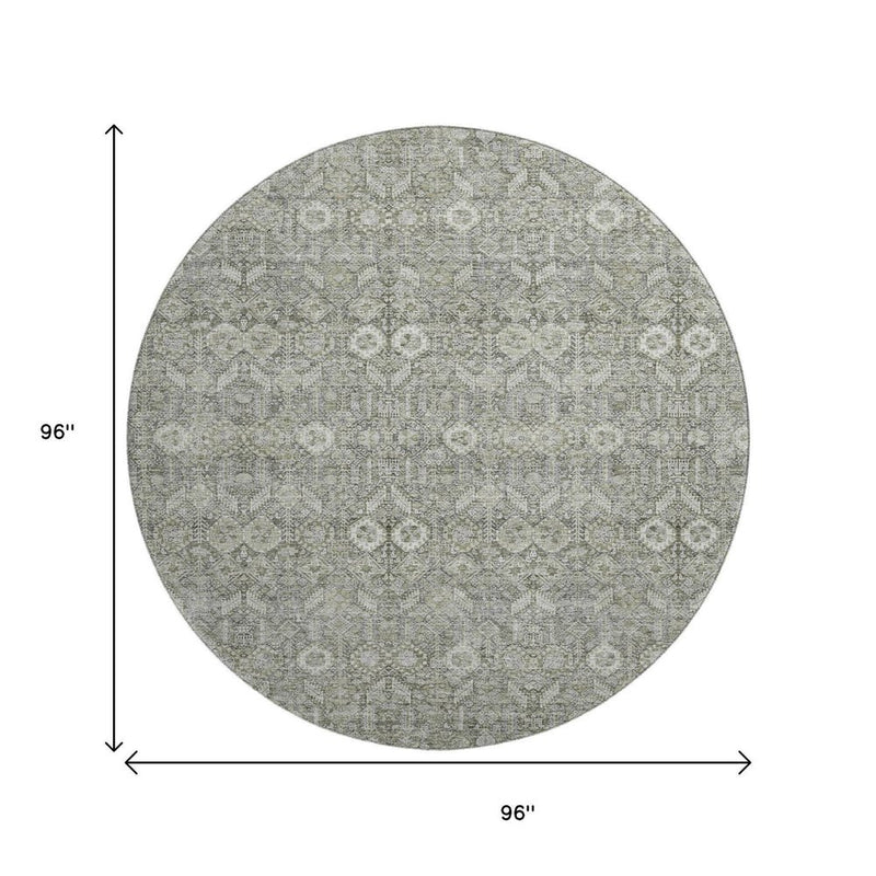 8' Gray And Ivory Tribal Washable Round Rug With UV Protection