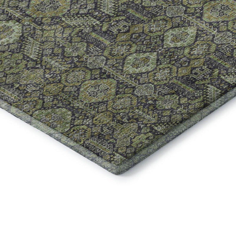 8' Green Gray And Ivory Tribal Washable Round Rug With UV Protection