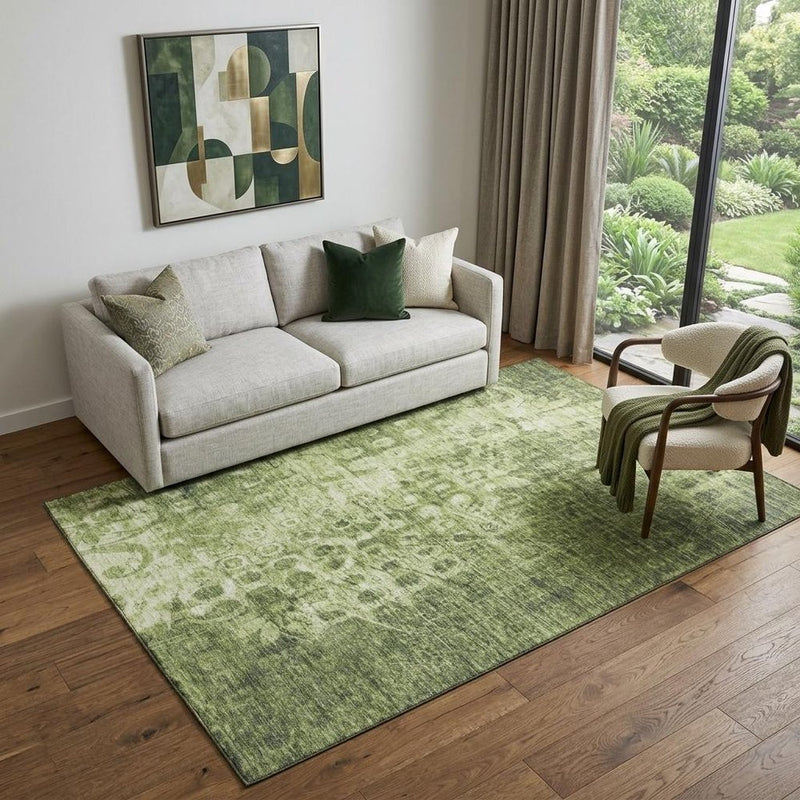 5' X 8' Olive Green And Ivory Ikat Washable Area Rug With UV Protection